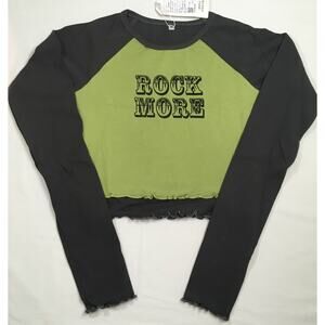 Fashion Sexy Lounge Crop Top Women's Medium Green "Rock More" Long Sleeve